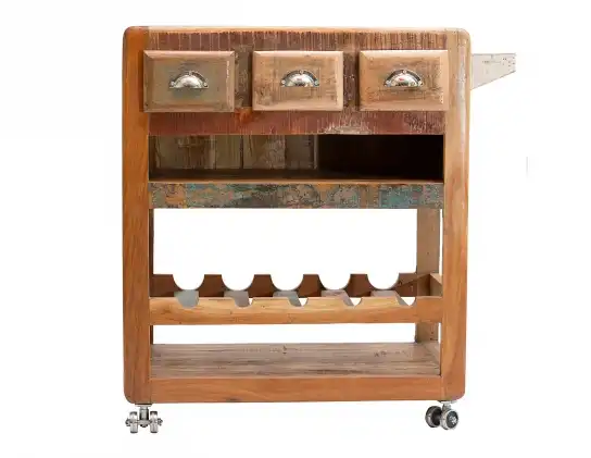 Reclaimed Ice Box Kitchen Trolly with 3 Drawers & Bottle Holder on Rollers - popular handicrafts